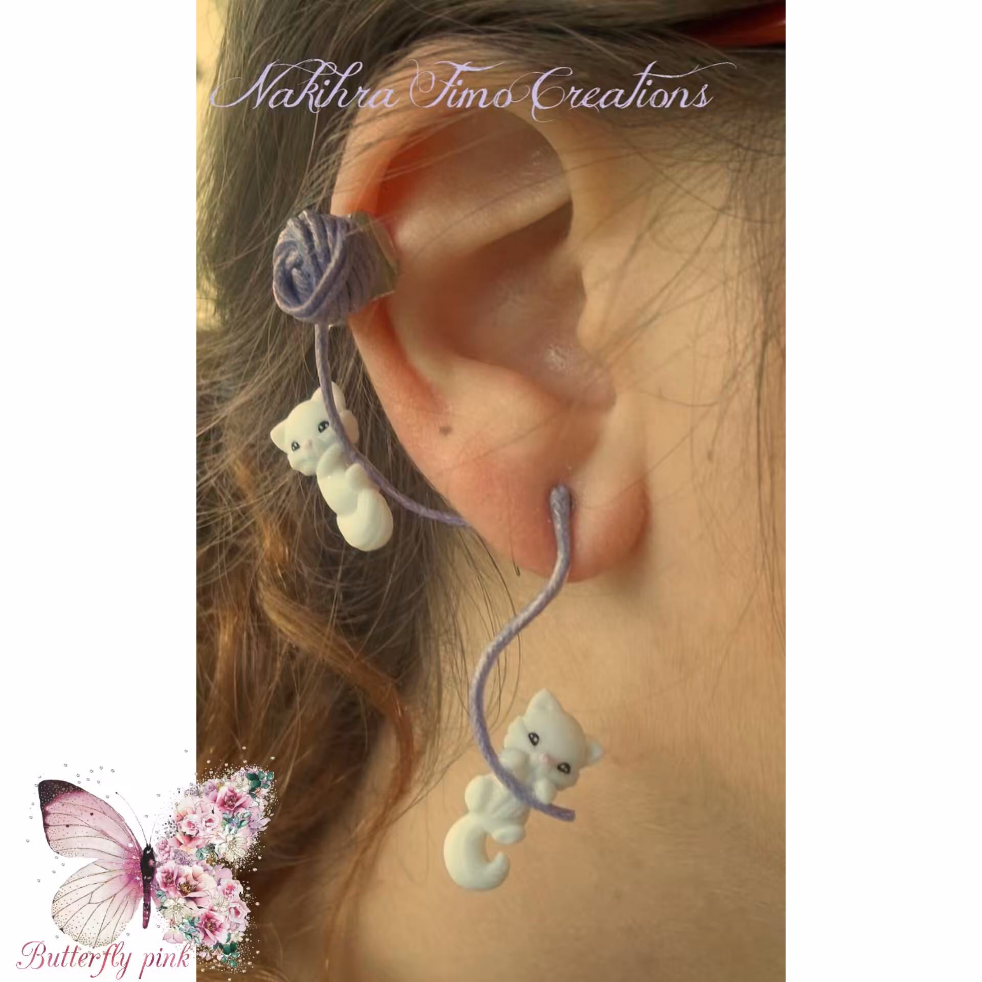 گوشواره میخی فانتزی گربه با کاموا،پرسینگ فیک،کیوت و دخترانه