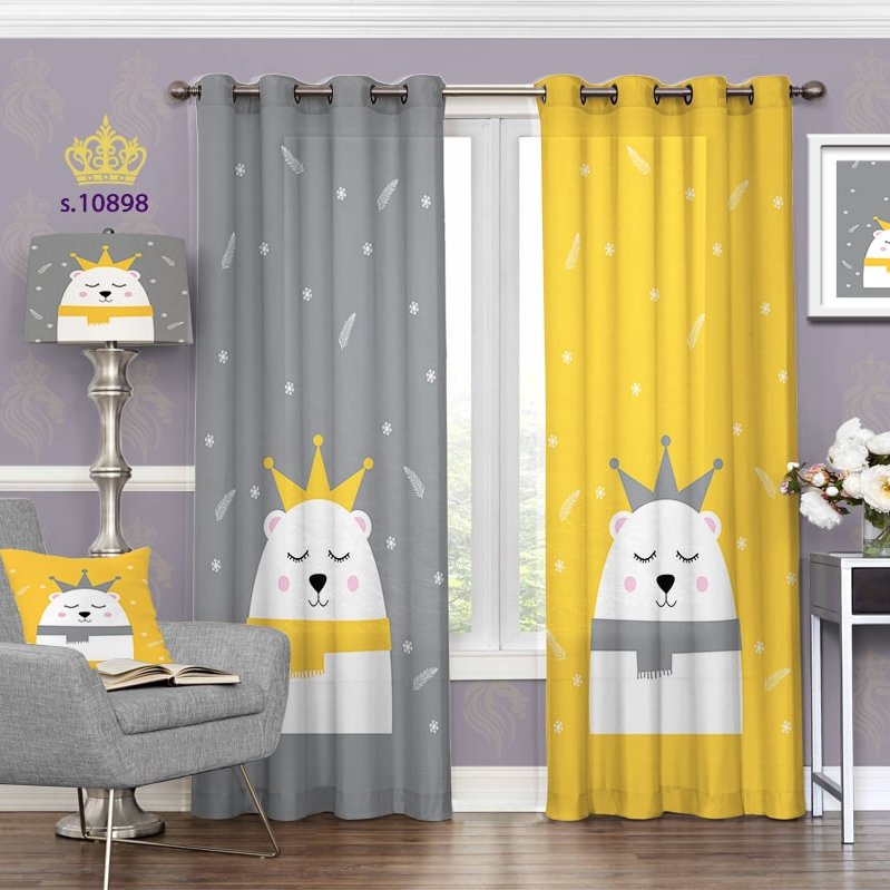 پرده اتاق کودک  دو قواره پانچ آماده طرح زرد طوسی  کد S10898