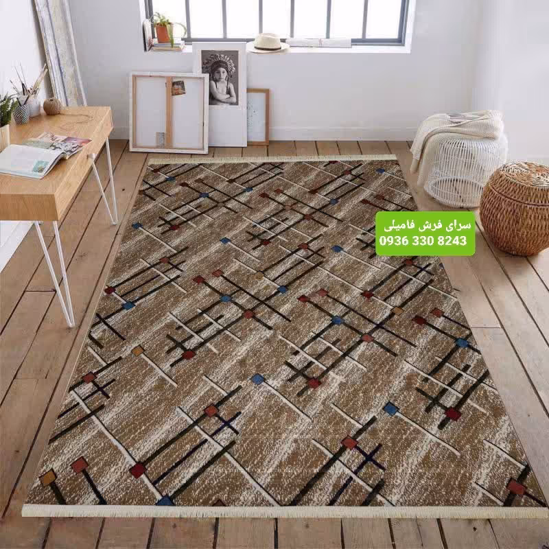 گلیم ماشینی کاشان رنگ بژ9متری طرح کبریتی کد 816 مناسب اشپزخانه و اتاق