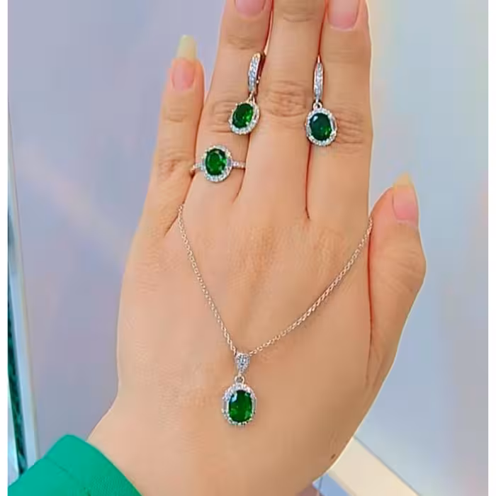 نیم ست نقره زنانه تک نگین عیار 925با آبکاری طلا سفیدزنجیر فلامینگو 45سانتی