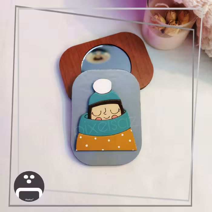 آینه جیبی طرح دختر پاییزی پیکسل ساز/جنس چوبی و نقاشی شده/ضدآب