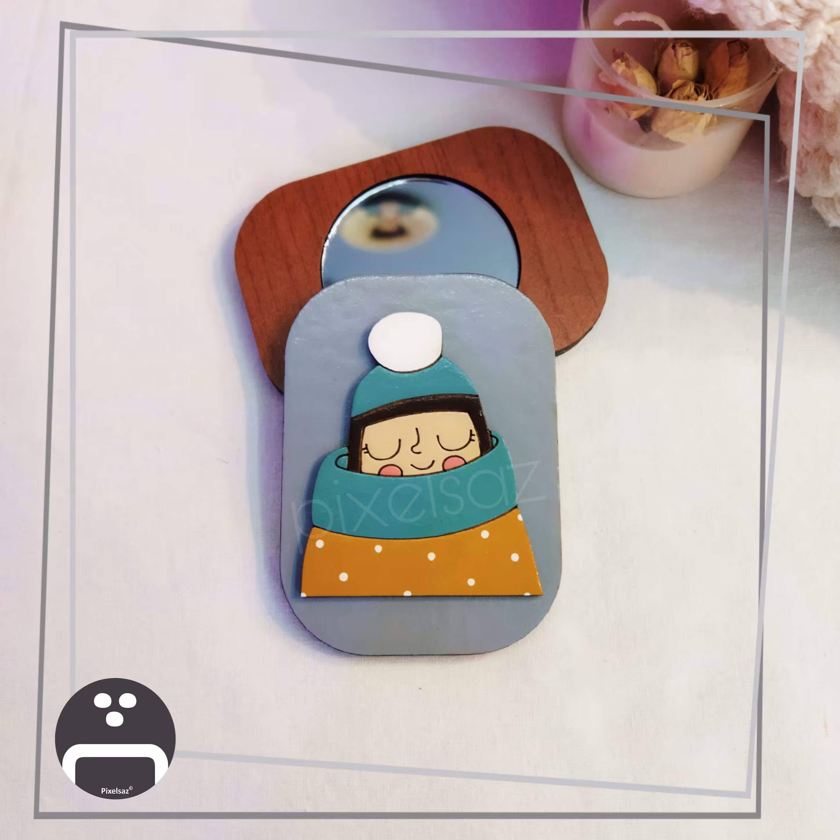 آینه جیبی طرح دختر پاییزی پیکسل ساز/جنس چوبی و نقاشی شده/ضدآب