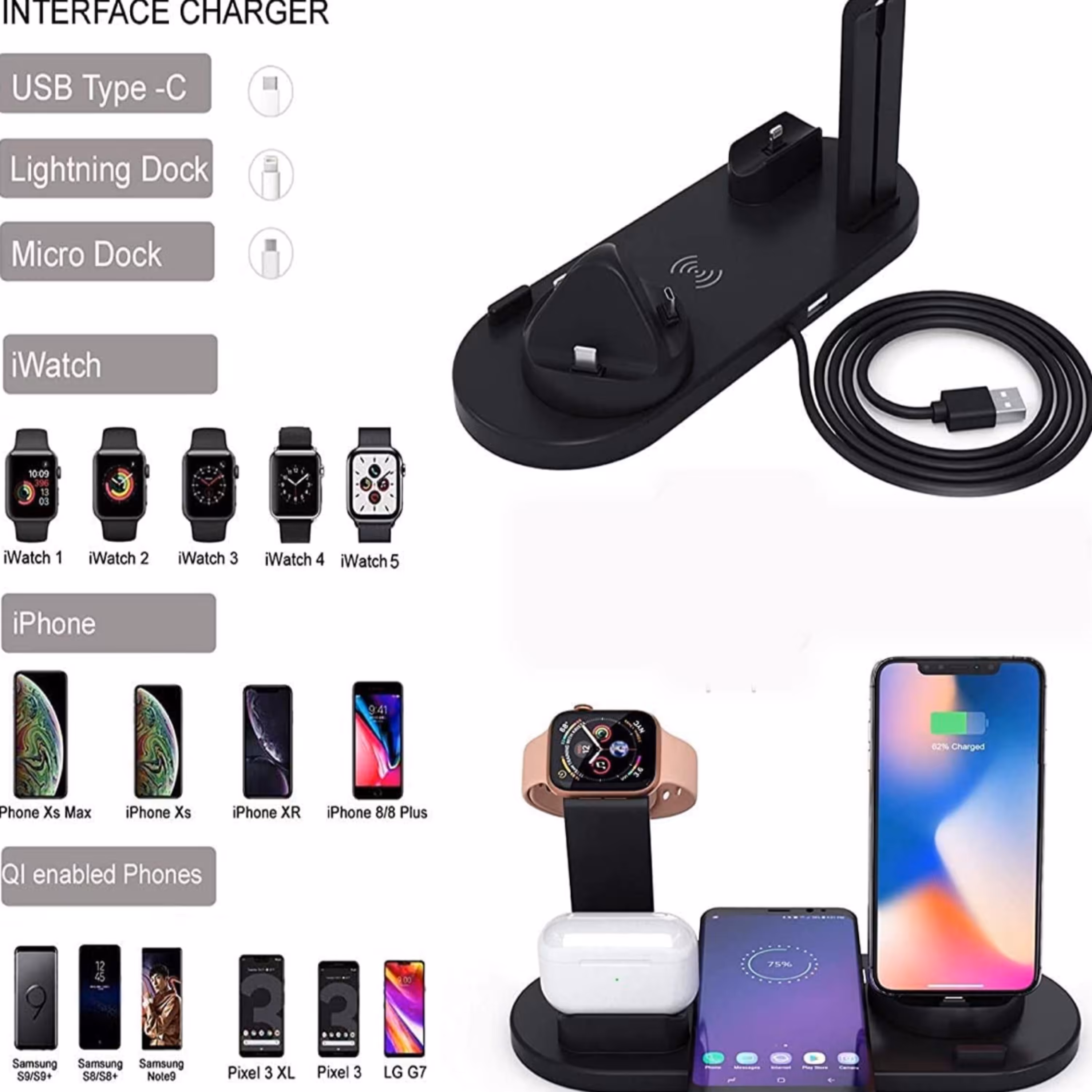 استند شارژر 6 کاره برای همه گوشی ها و شارژ همزمان 2 گوشی اپل واچ و ایرپاد
