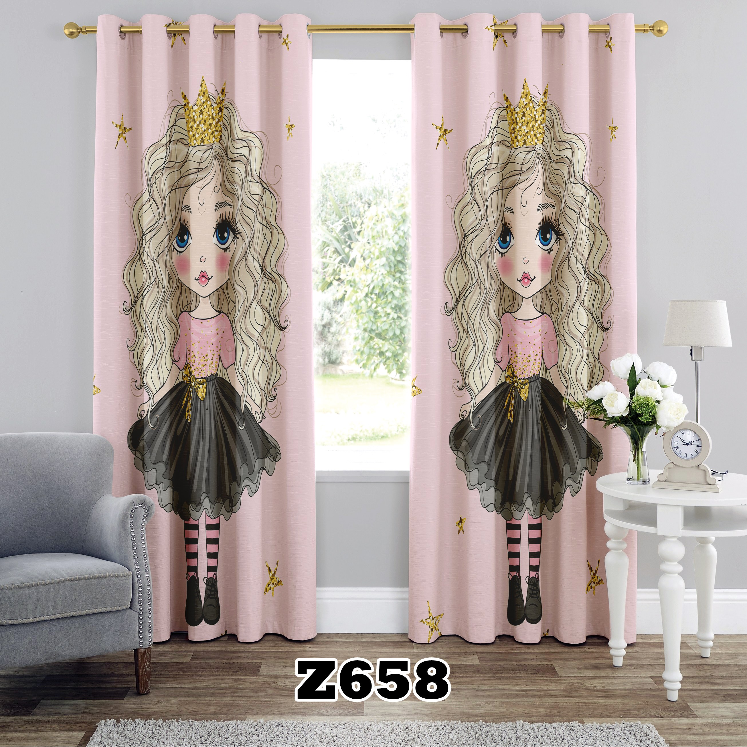پرده چاپی طرح دخترانه کد Z658 تک قواره ارتفاع 300 عرض 140 سانت