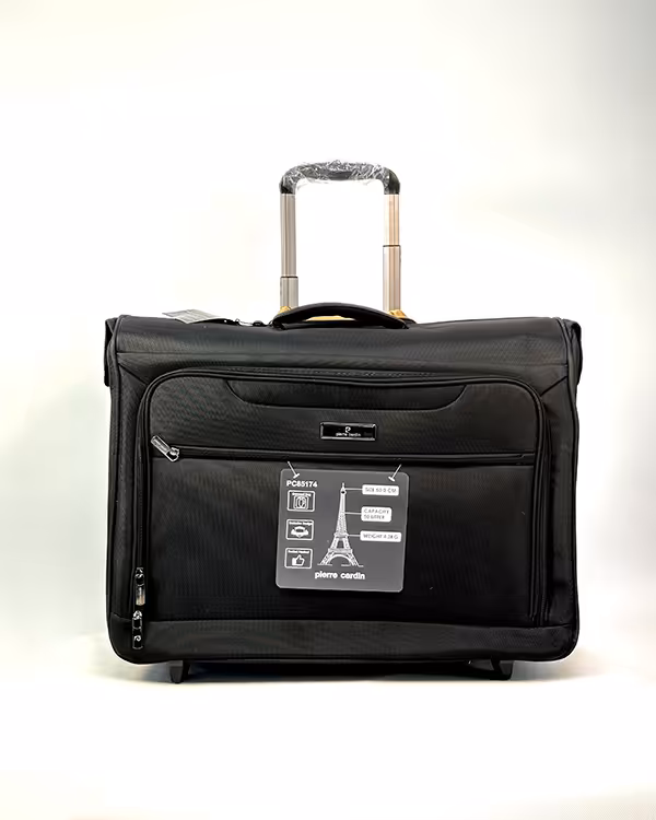 کیف کاور کت و شلوار چرخدار جنس برزنتی برند pierre cardin مدل pc85174 رنگ مشکی سایز 22 اینچ