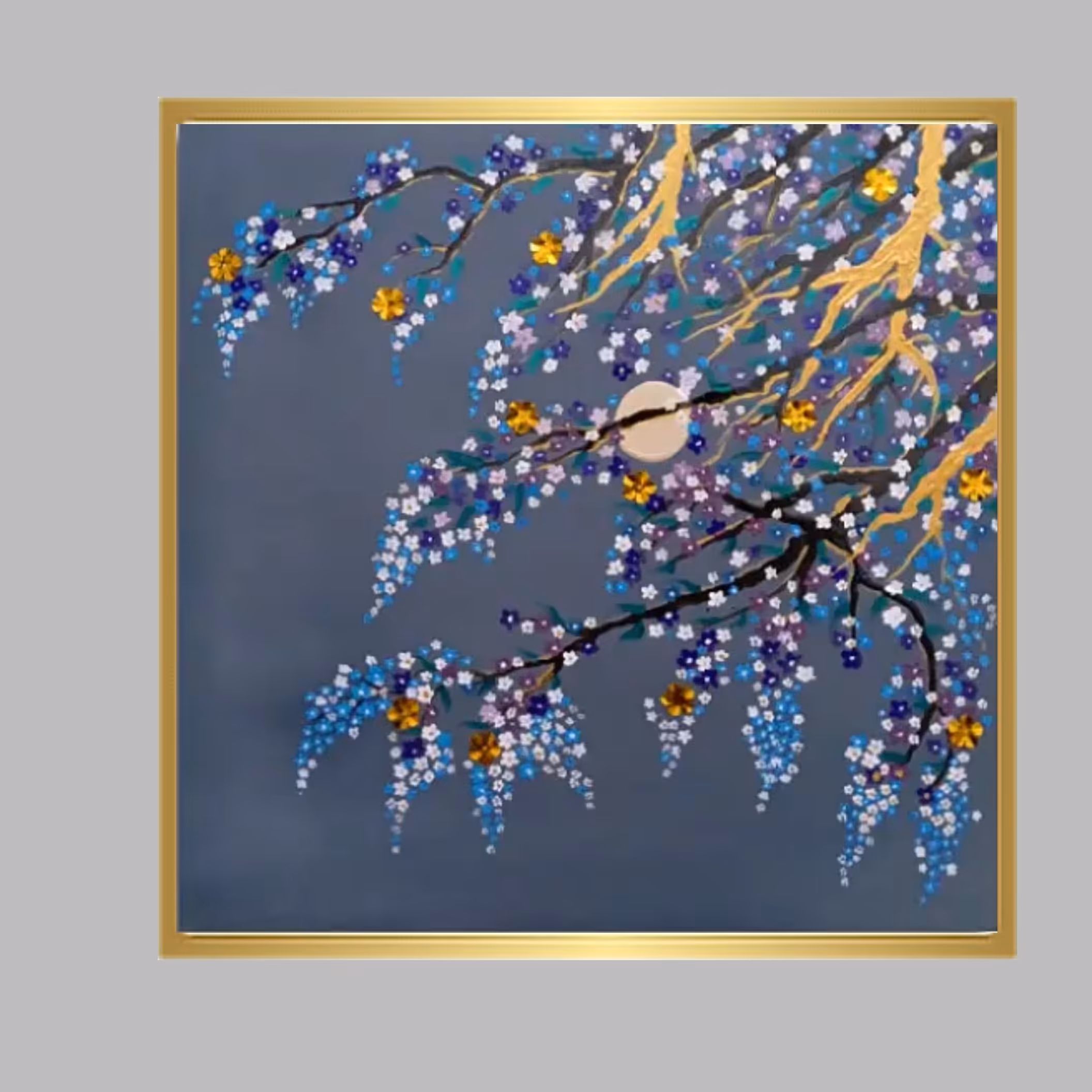 تابلو نقاشی اکریلیک شکوفه های بهاری 50 در 50 روی بوم. با قاب طلایی. هنر دست