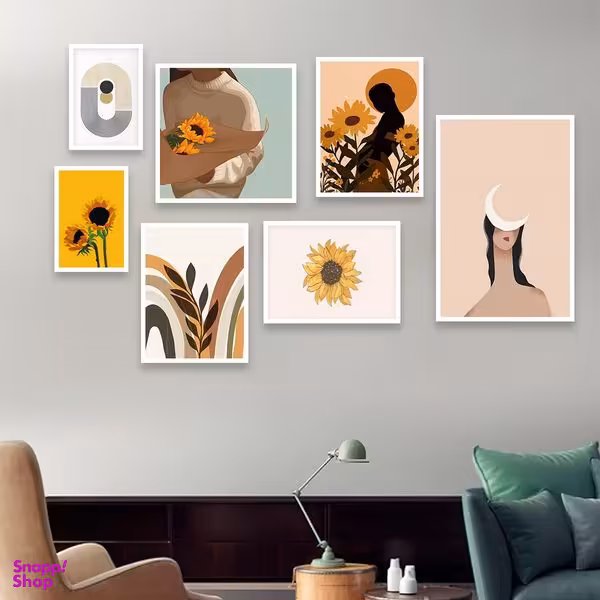 تابلو بکلیت مدل طرح نقاشی مینیمال و گل افتابگردان W-937  مجموعه 7 عددی