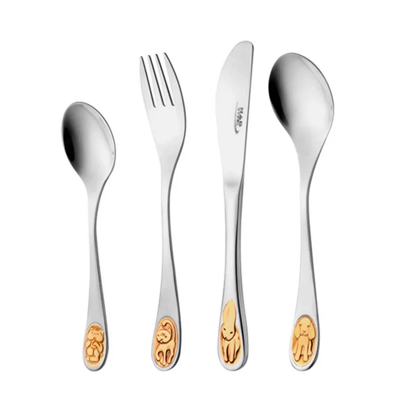 سرویس قاشق و چنگال 1 نفره ناب استیل طرح کودک طلایی (4 پارچه)