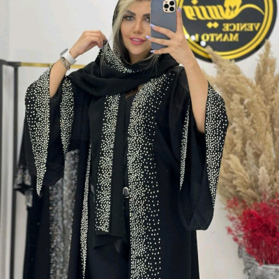 مانتو مجلسی کرپ سوپرکریستال مدل ست شال وعبای زیبا آستین کلوش