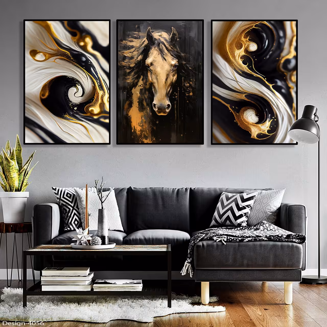 تابلو دکوراتیو  آبستره و پرتره اسب3تیکه سایز 50در70
