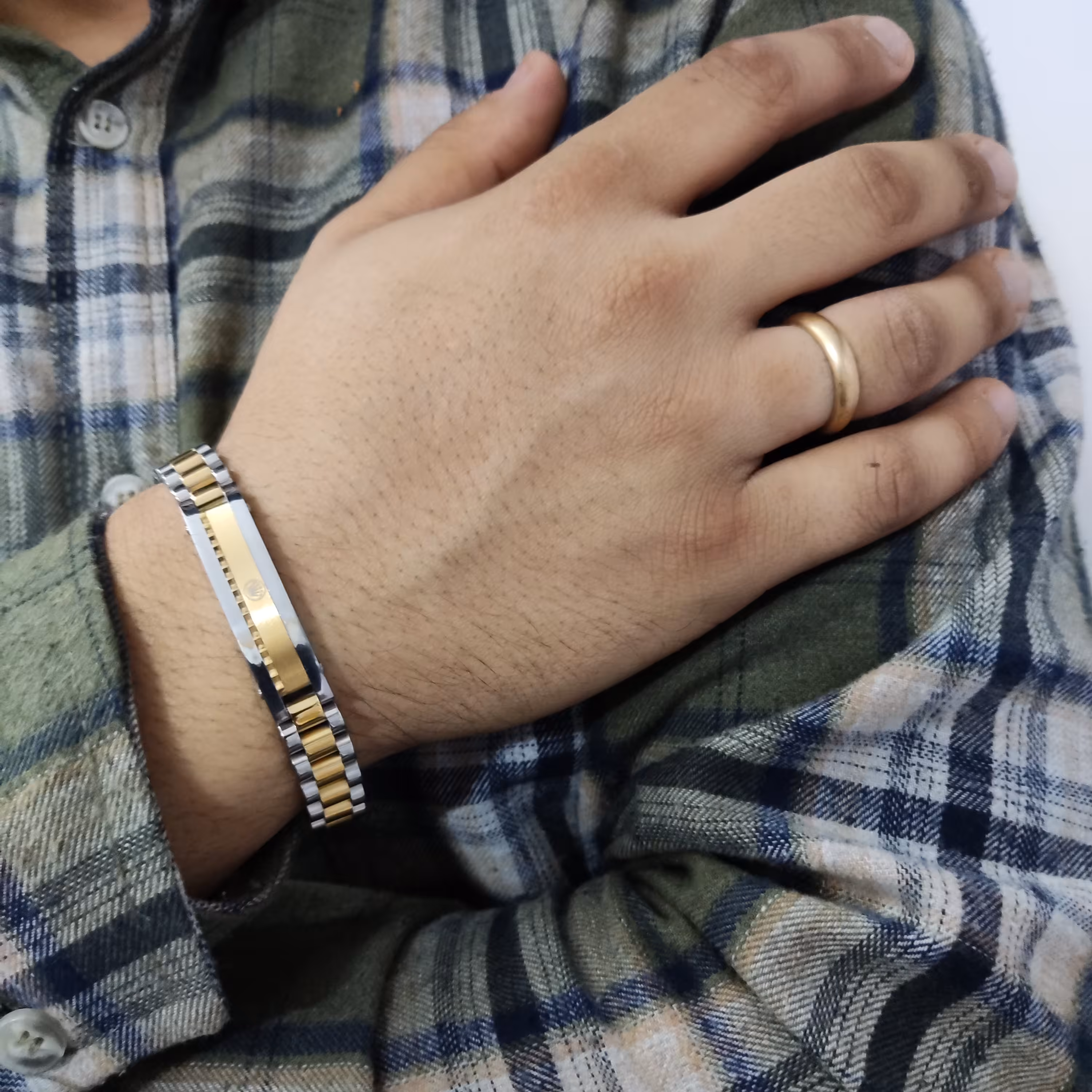 دستبند رولکس سفید طلایی استیل 