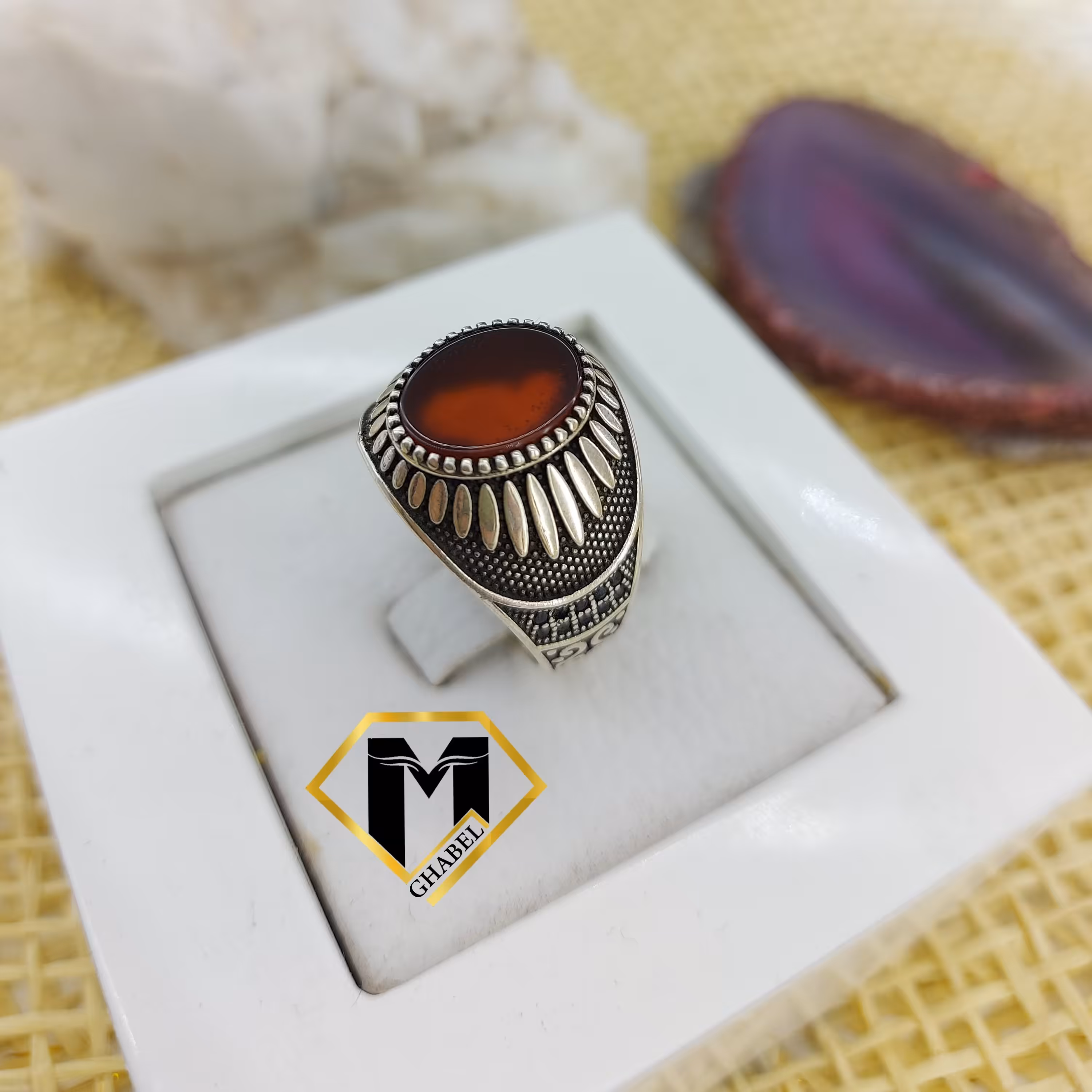 انگشتر مردانه عقیق سرخ ، طرح ترک ، نقره 925 عیار