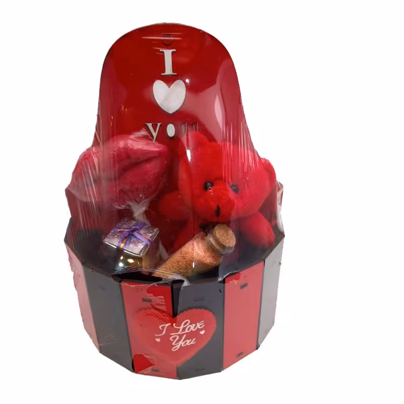 باکس ولنتاین گرد با عروسک خرسی 19 سانتی