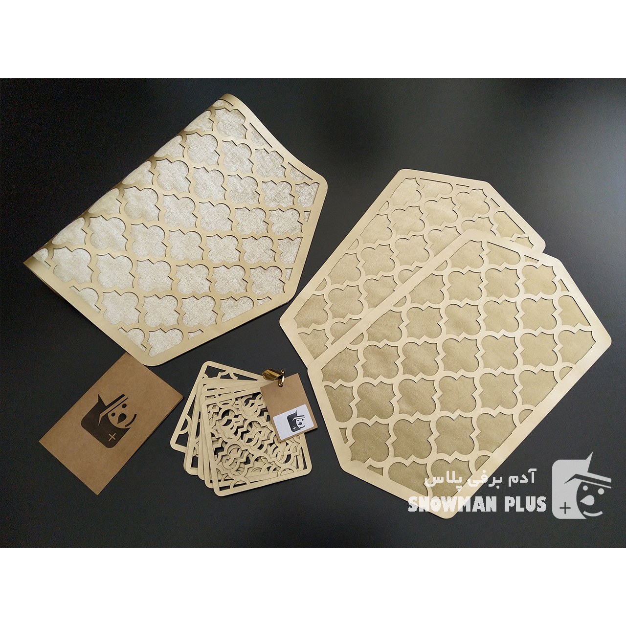 ست رومیزی 3 تکه طرح الماس چرم طلایی متالیک و مخمل مبلی به همراه 6 عدد زیرلیوانی