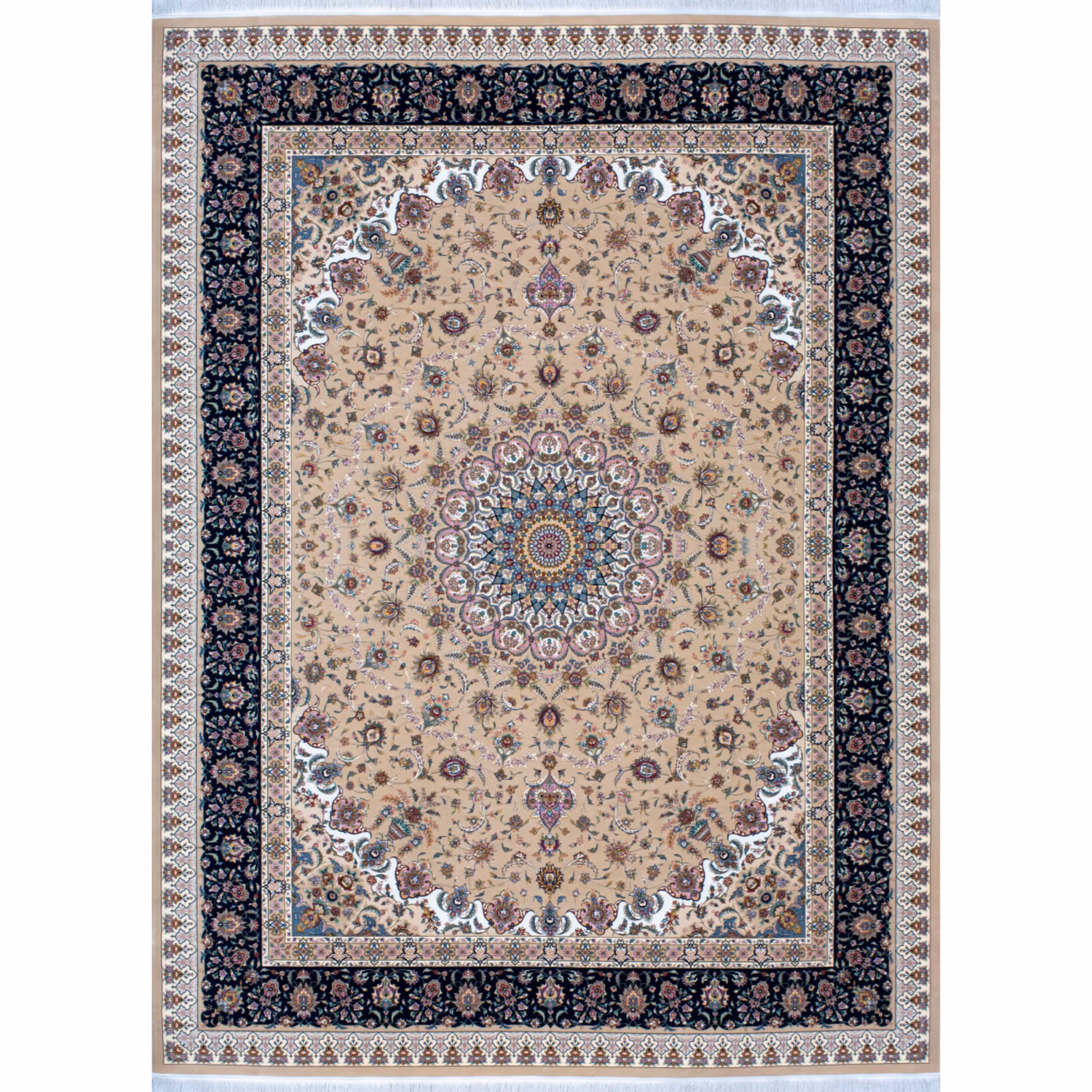 فرش ماشینی افرند دستباف نما گل ابریشم 1250 شانه زمینه بژ کد 24860 (دوازده متری)