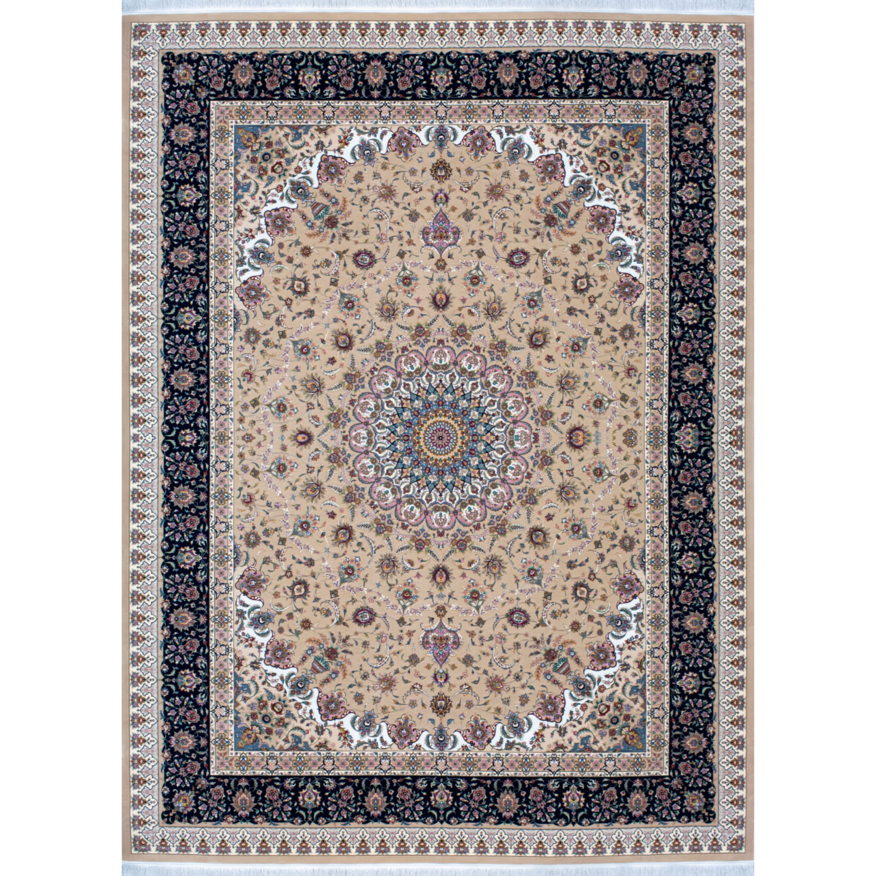 فرش ماشینی افرند دستباف نما گل ابریشم 1250 شانه زمینه بژ کد 24860 (دوازده متری)