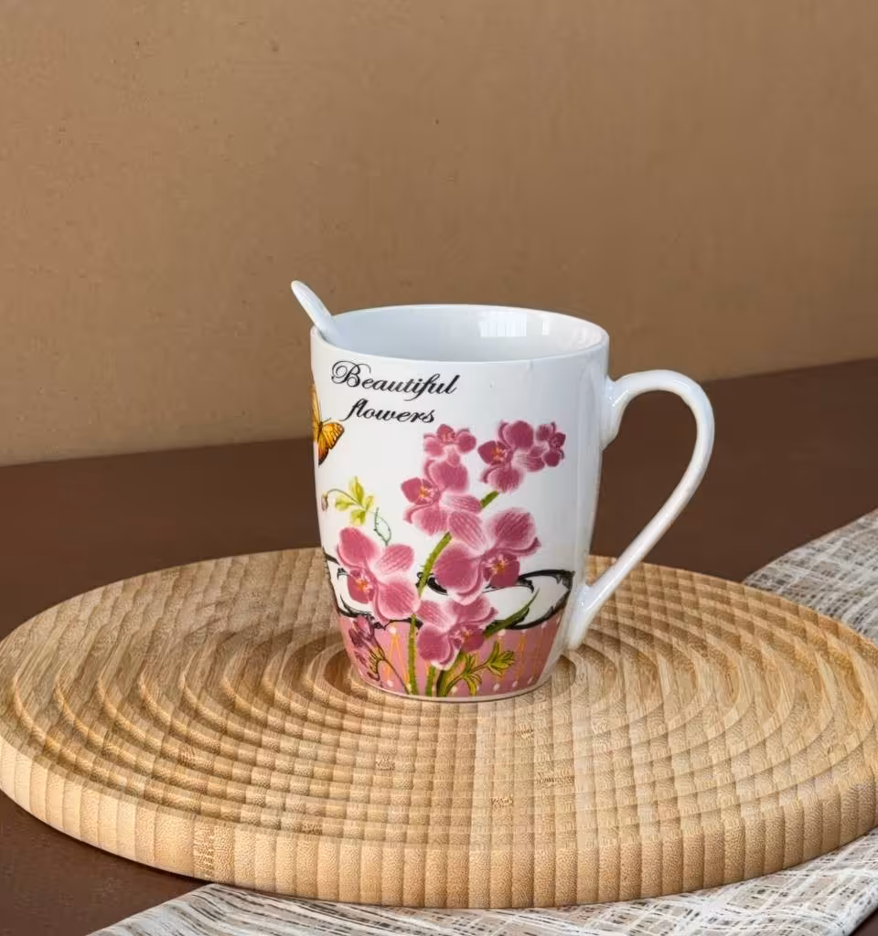 ماگ سرامیکی قاشق دار با جعبه کادویی طرح گل