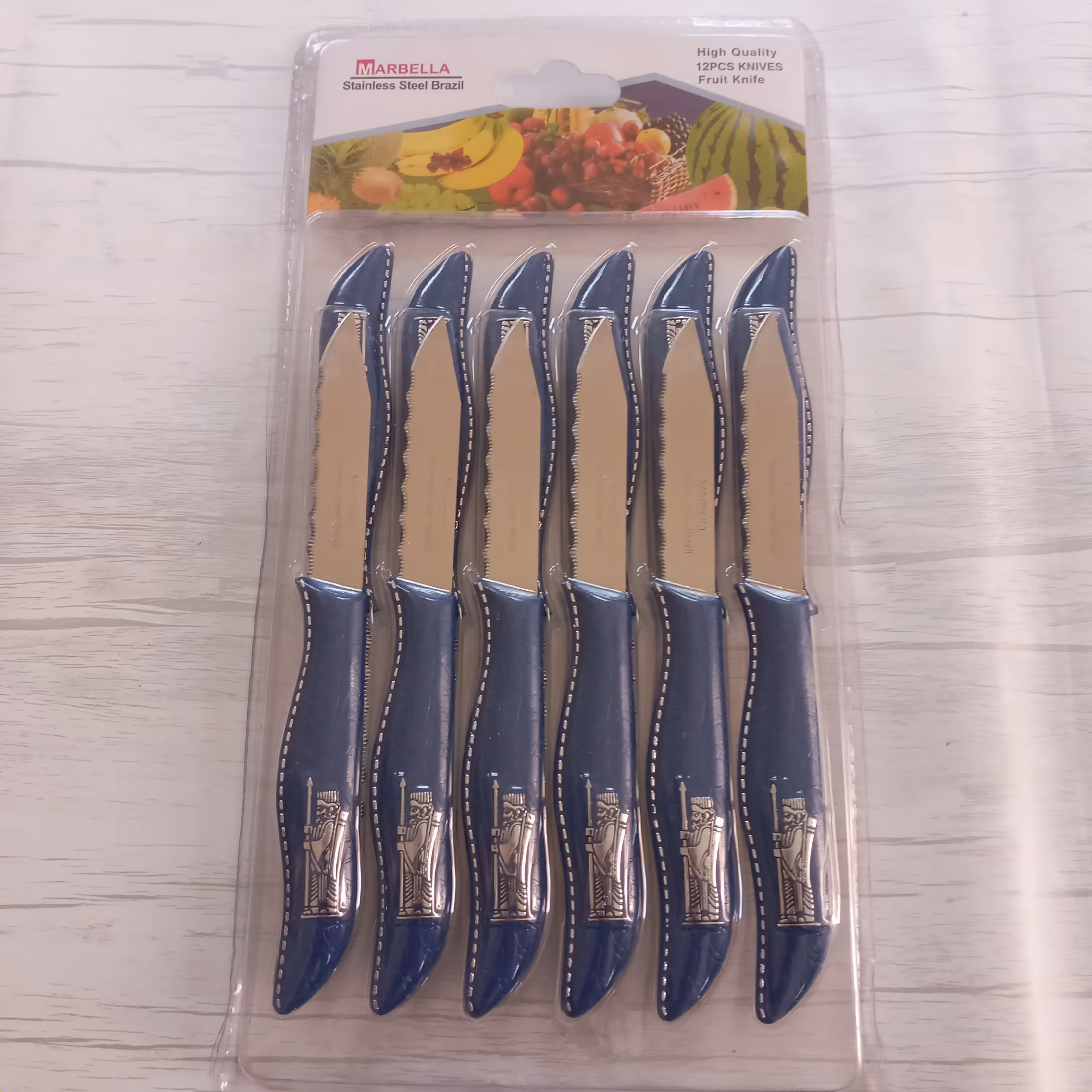 چاقو میوه خوری ماربلا 12 عددی طرح هخامنشی برجسته تیغه استیل دسته پلاستیک فشرده وارداتی برزیل کارد میوه خوری رنگ آبی 