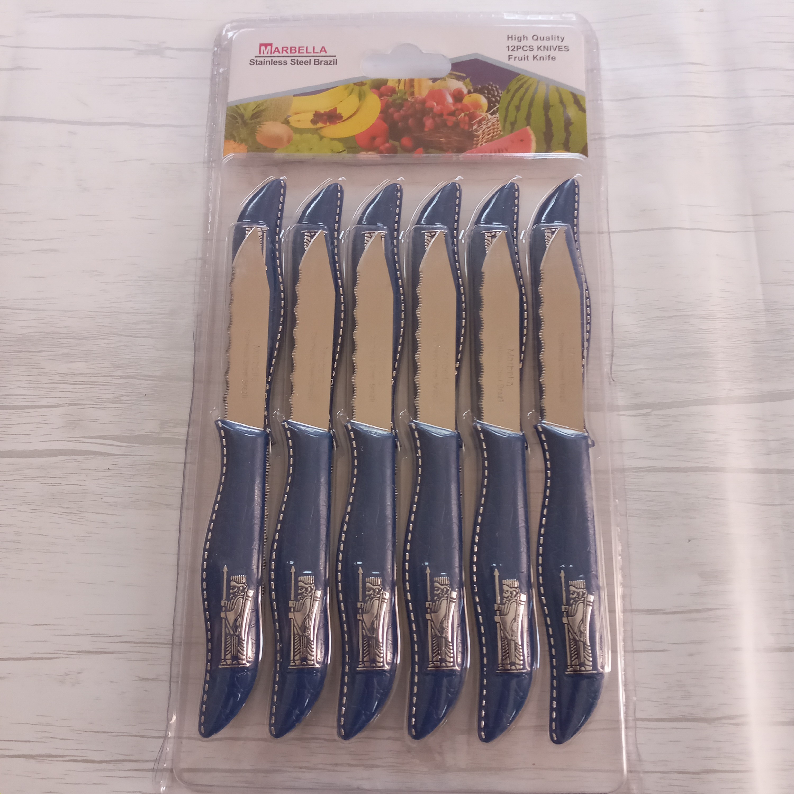 چاقو میوه خوری ماربلا 12 عددی طرح هخامنشی برجسته تیغه استیل دسته پلاستیک فشرده وارداتی برزیل کارد میوه خوری رنگ آبی 