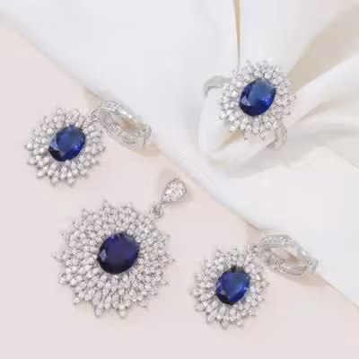 نیم ست نقره با سنگ یاقوت کبود طرح تایلندی و نمادار کد 3106