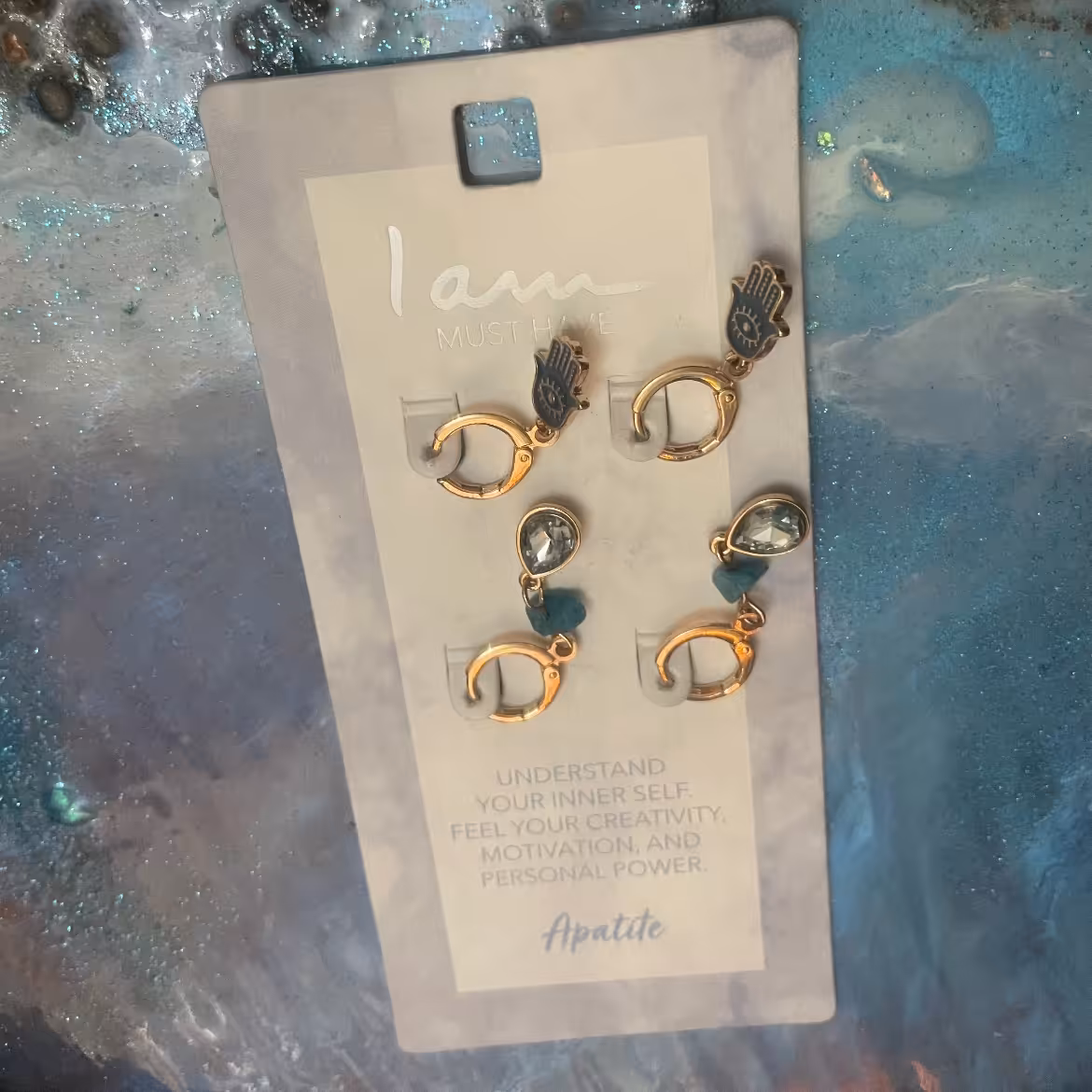 پک گوشواره طلایی و ابی دست و تک نگین ابی روشن