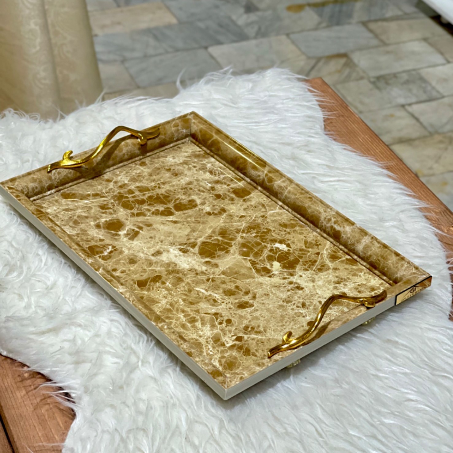 سینی پذیرایی پی وی سی طرح سنگ مدل انتیک