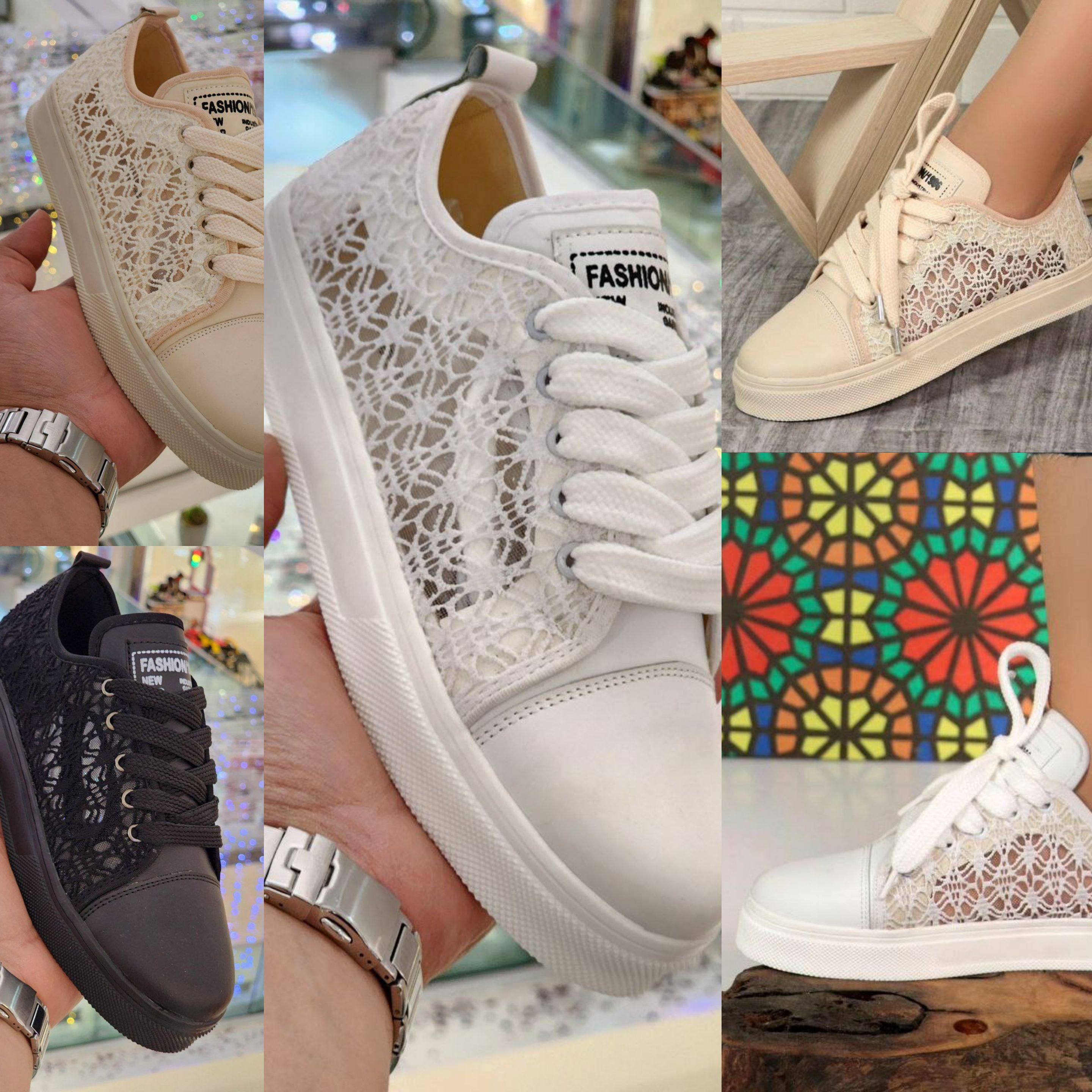 ونس توری کتونی گیپوری دخترانه زنانه فانتزی رنگبندی سفید کرم مشکی سایز37تا40 قالب استاندارد کفش فرمالیته عروس