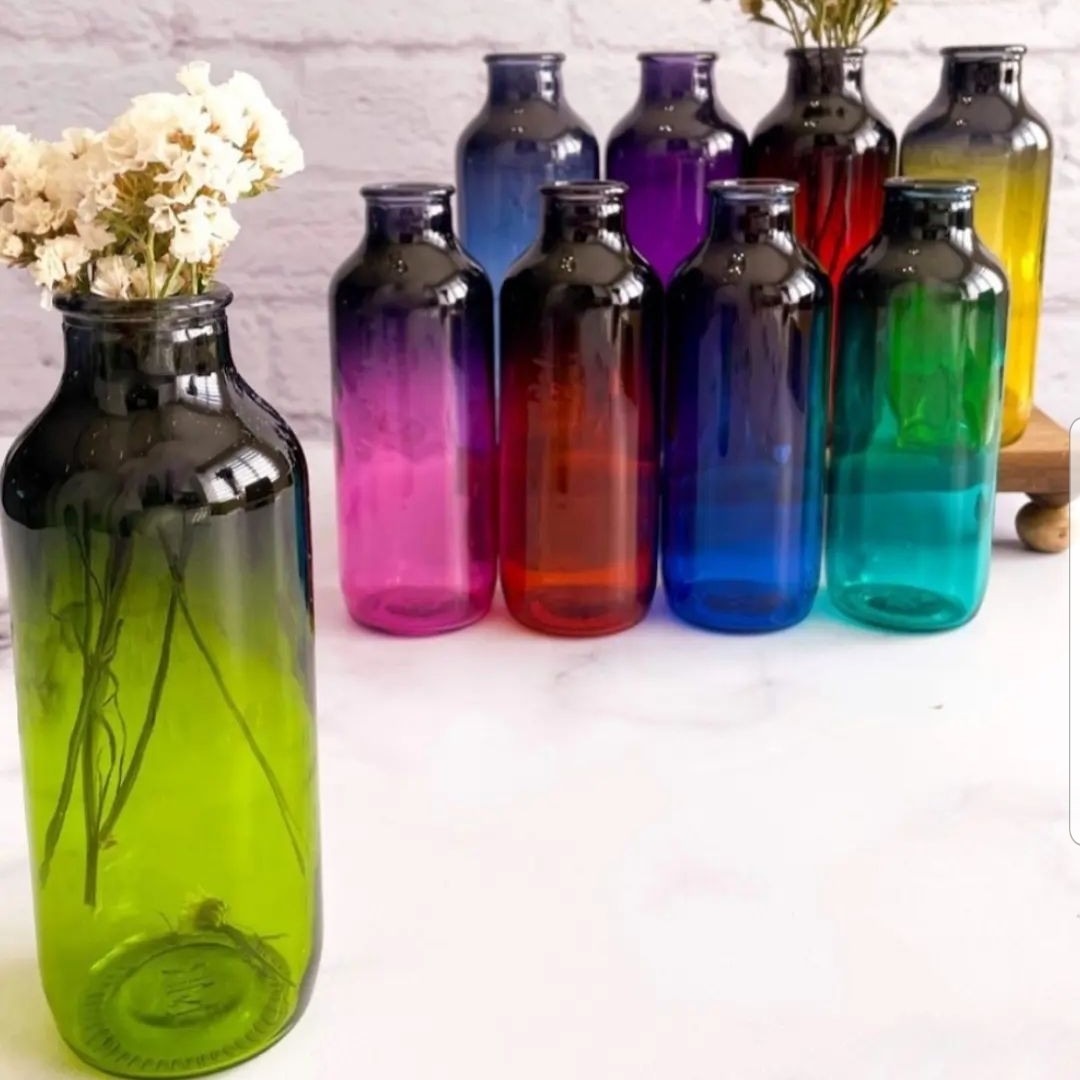 گلدان رنگی استوانه ای شیشه ای دورنگ