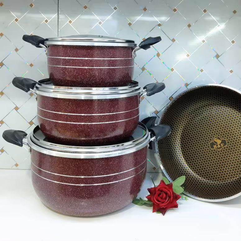 سرویس قابلمه 7پارچه هلنا زنبوری زرشکی طرح چدن، لب پیچ 