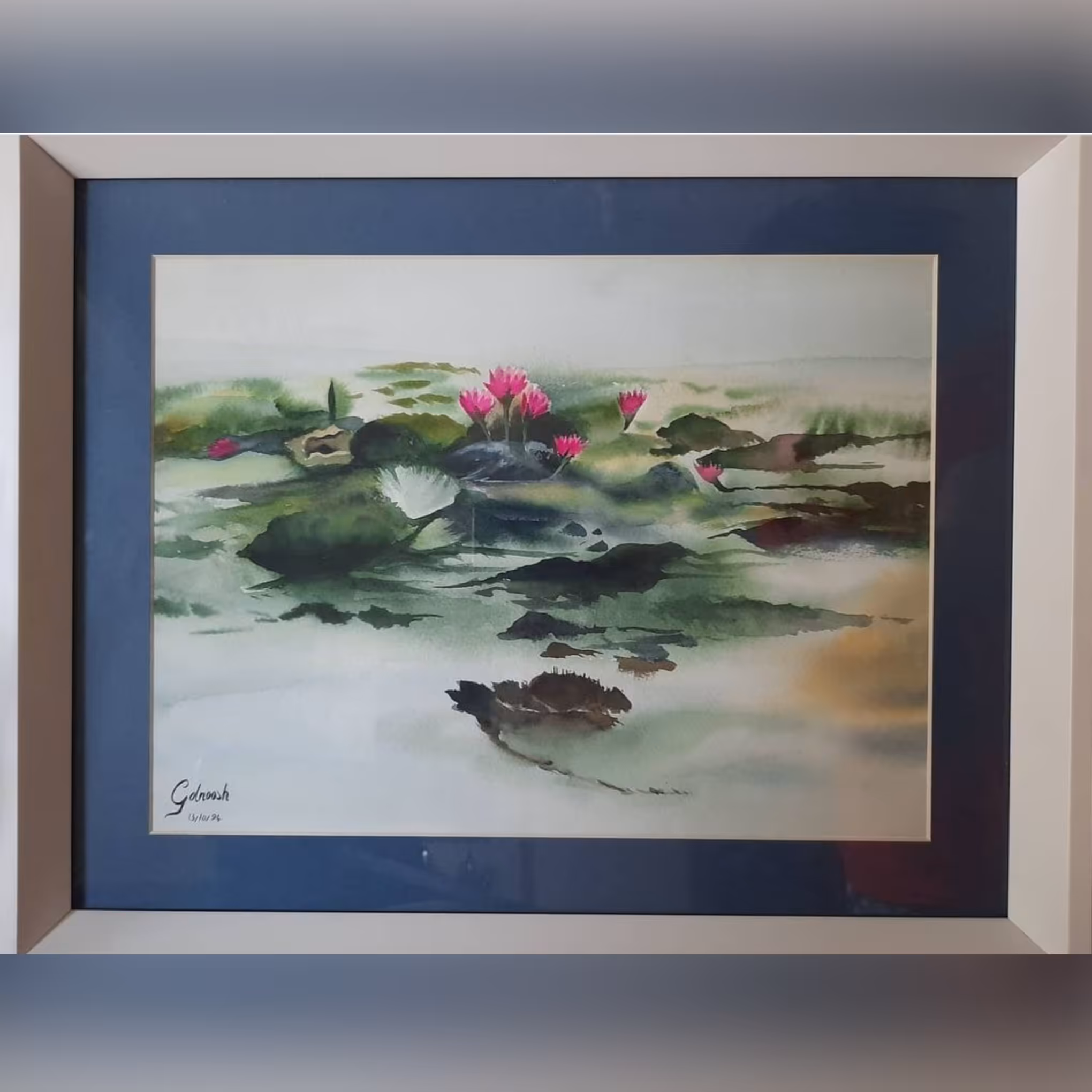 تابلوی نقاشی آبرنگ طرح مرداب همراه با پاسپارتو و قاب pvc