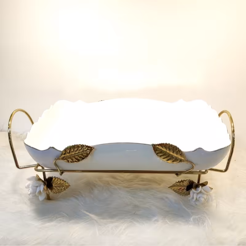 مرغ خوری چینی لب طلا مستطیل استند دار طلایی بزرگ گل چینی  