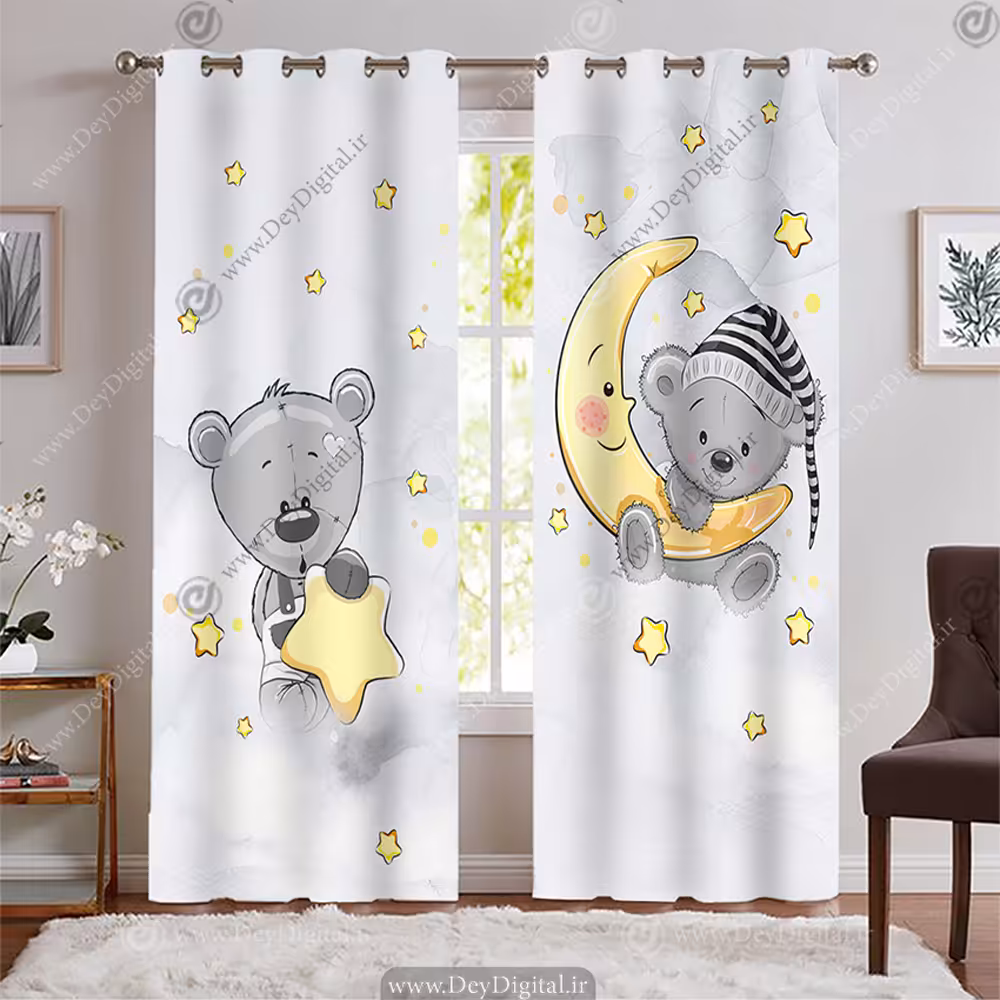 پرده طرح عروسکی خرس طوسی و ماه و ستاره WA-2165