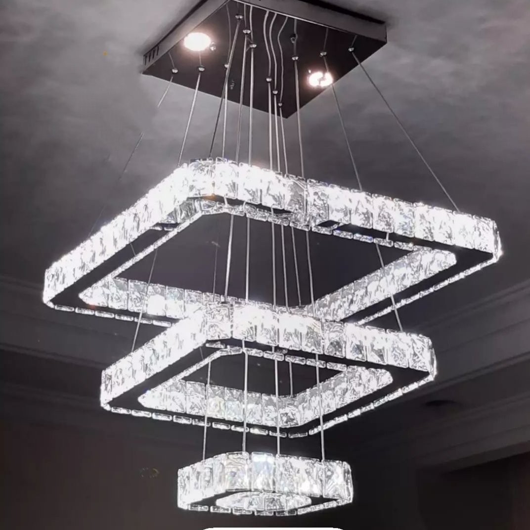 لوستر آویز کریستالی مربع سایز 50.30.15 استیل نقره ای(پس )