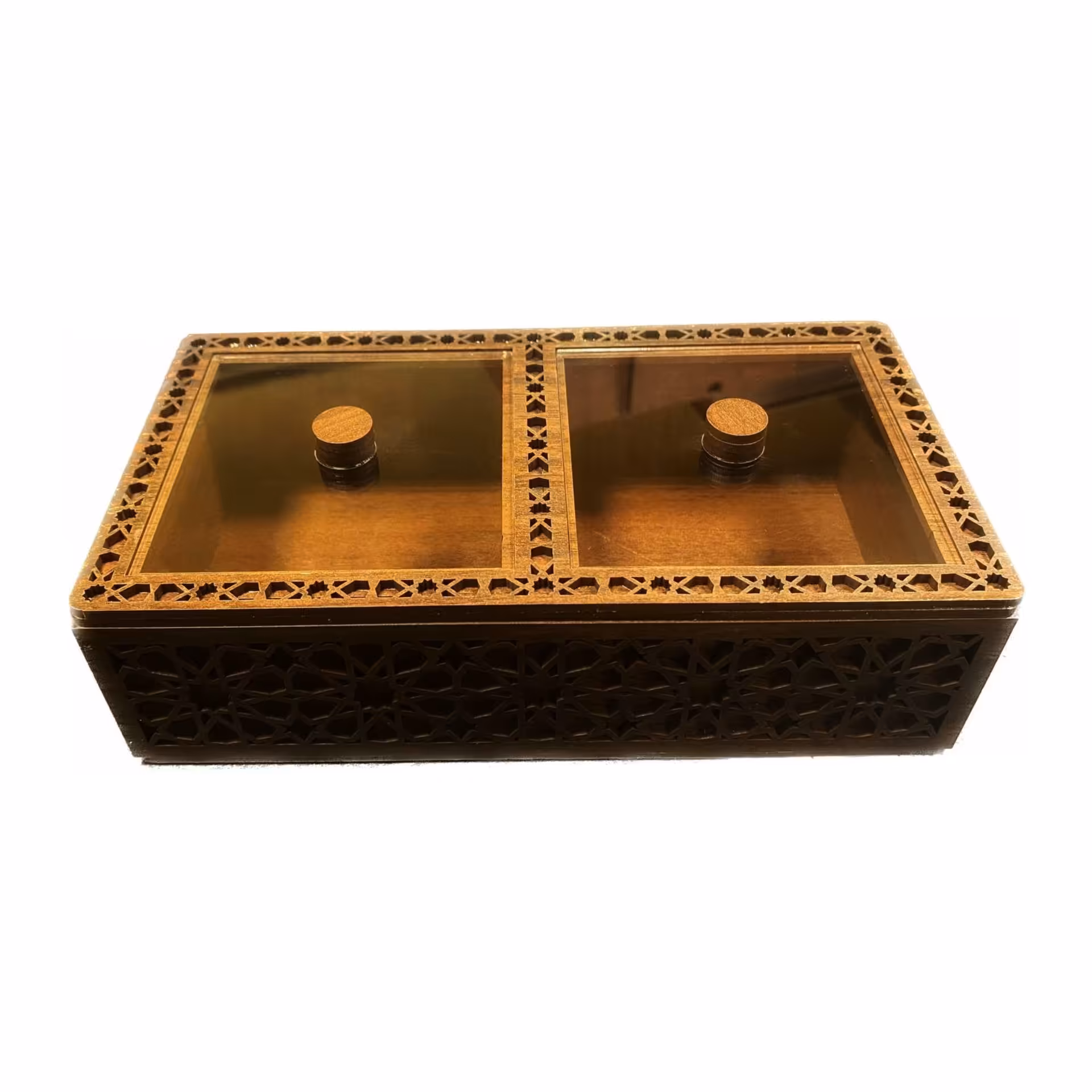 جعبه پذیرایی یا تی بگ یا دمنوش 2 خانه   مشبک رنگ گردویی