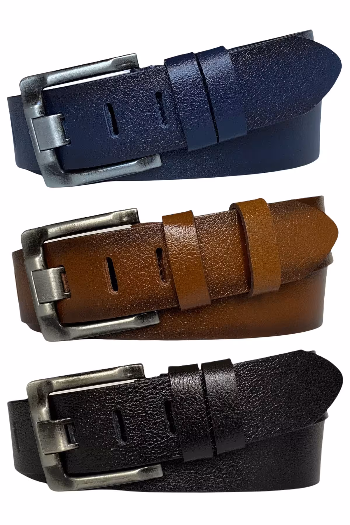 کمربند مشکی مردانه و زنانه ست 100% چرم اصل 3 زبانه پهن آبی سرمه ای جین توسادو 4.5 سانتی متری ورزشی GoDeri