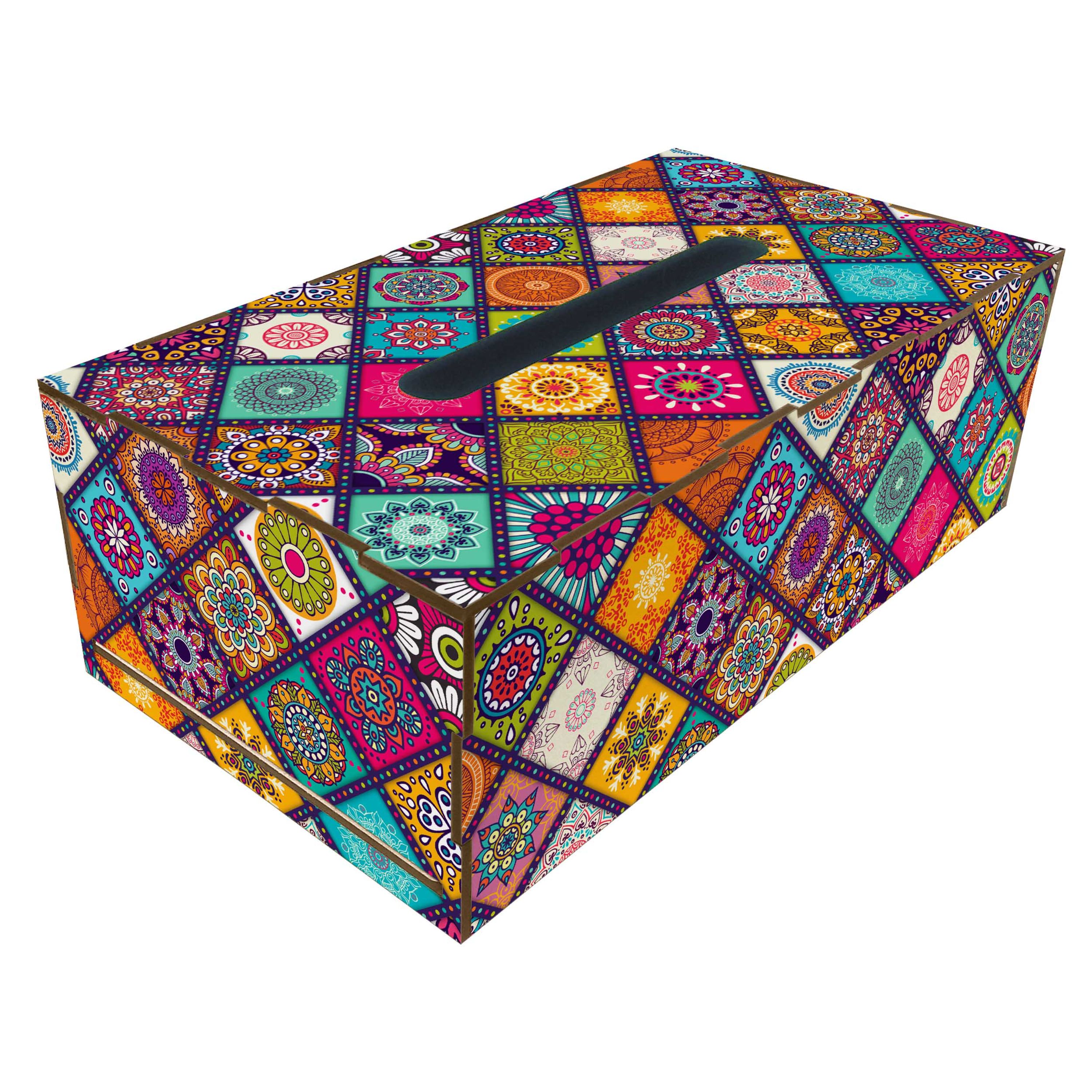 جعبه دستمال کاغذی چوبی طرح دار مدل TB111 طرح چهل تکه رنگارنگ