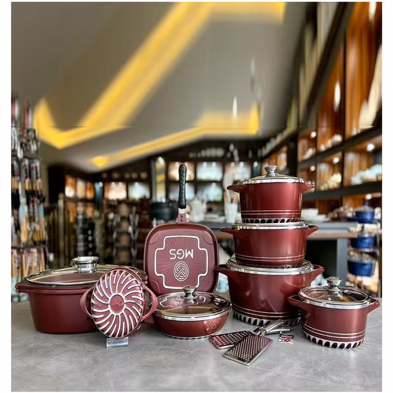 سرویس قابلمه  ام جی اس22 پارچه چدن گرانیت مدل کف رینگی رنگ بادمجانی( ارسال رایگان و فوری)باضمانت