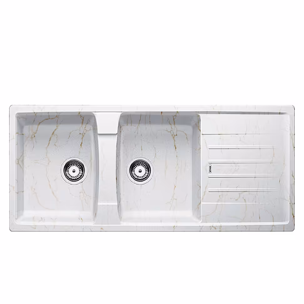سینک گرانیتی درجه یک مواد ترک دو لگن سینی دار سفید رگه طلایی آنتی باکتریال 