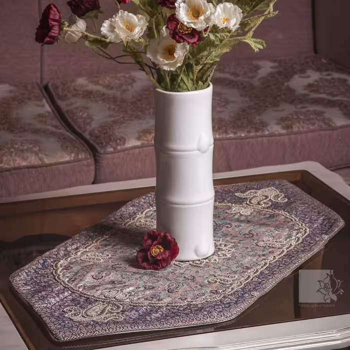 صنایع دستی سه تیکه ترمه  ابریشم هاشمی  سرمه دوزی شده هندی لمه نقره ایی با حاشیه بنفش  