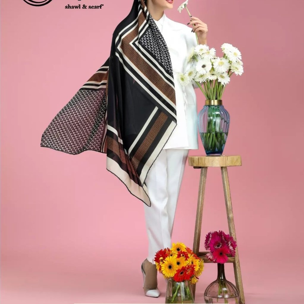 روسری زنانه تابستانه مدل آنا رنگ مشکی نارنجی جنس نخ ارسال رایگان
