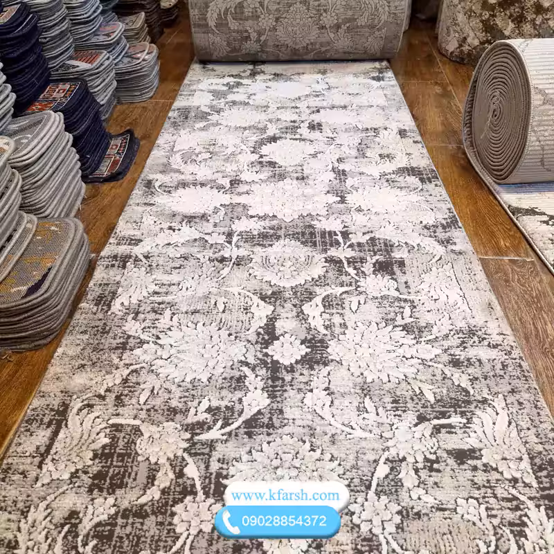فرش کناره افشان وینتیج طوسی نسکافه ای فیلامنت