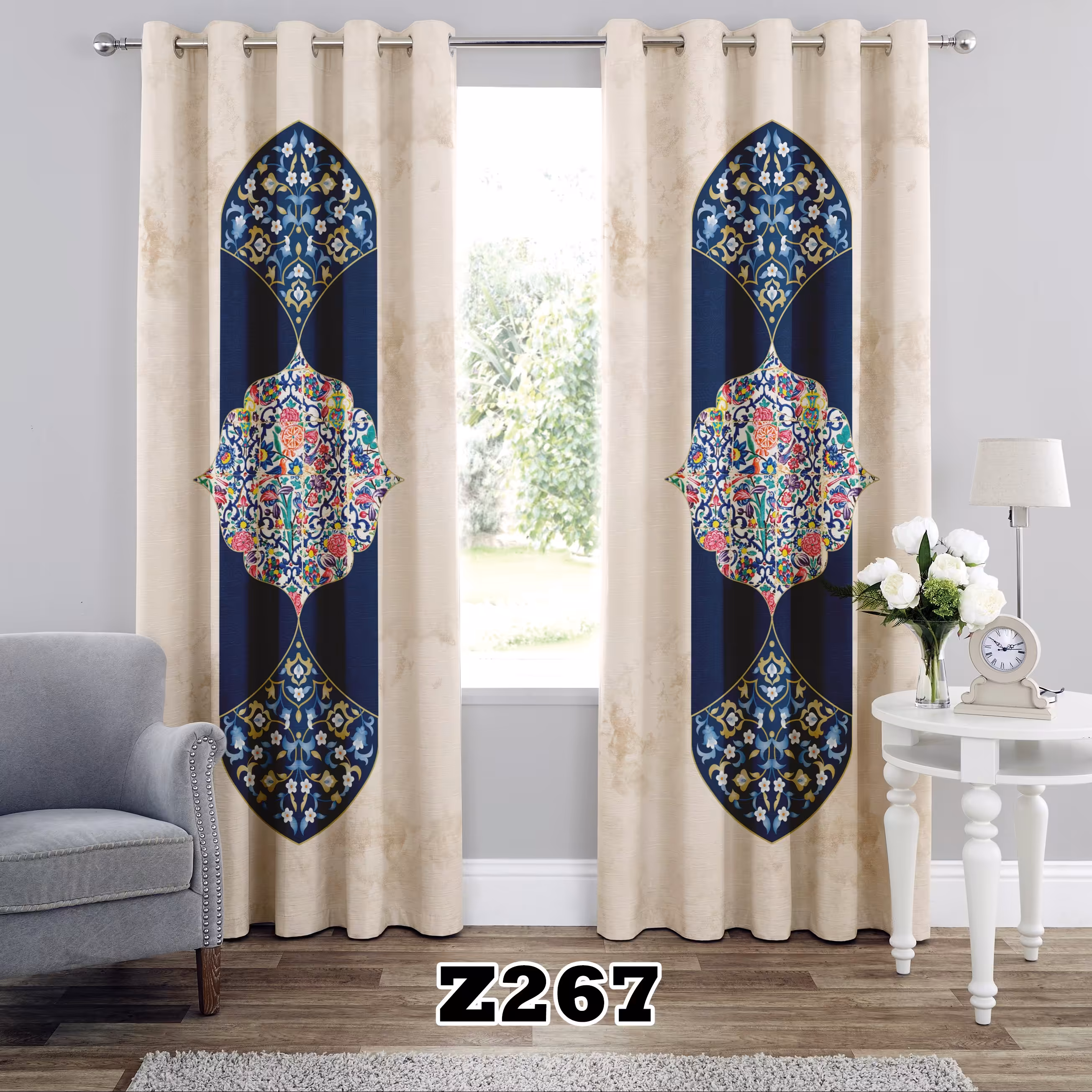 پرده چاپی طرح اسلیمی کد Z267 تک قواره ارتفاع 300 عرض 140 سانت