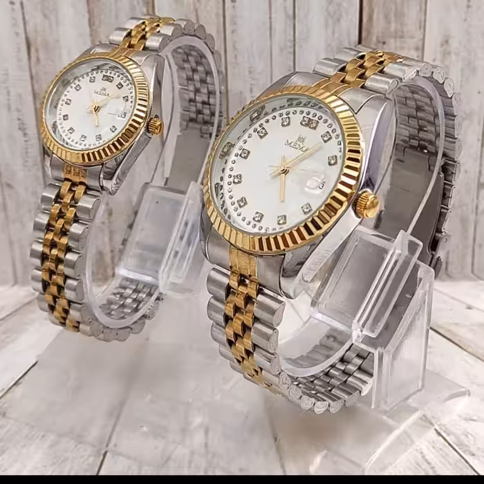 ساعت ست کما دو رنگ جنس بدنه استیل رنگ ثابت جنس شیشه شیشه هارد گلس تقویم دار ضد خش بدنه استیل 