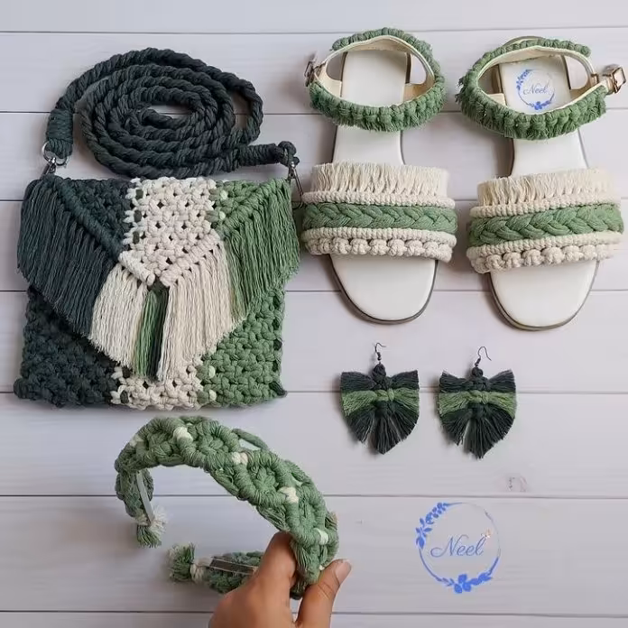 صندل مکرومه سبز و سفید