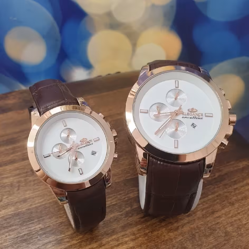 ساعت مچی ست مردانه و زنانه برند الگانس  دارای تقویم روزشمار و جعبه کادویی