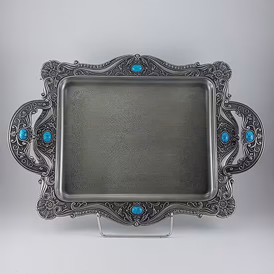 سینی پیوتر متوسط نگین دار فیروزه یونیک کد 1445 (خارجی ضد زنگ)