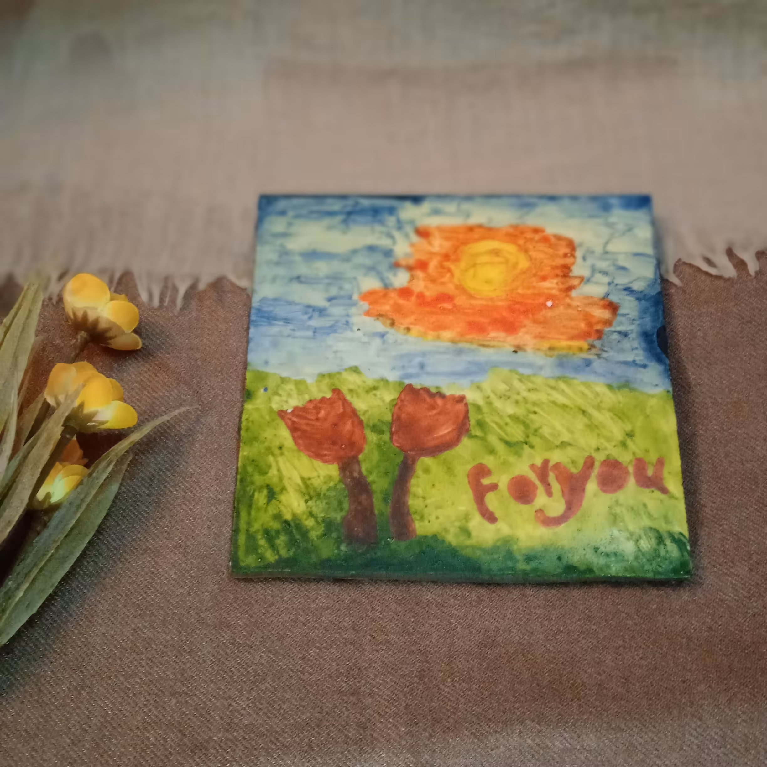 نقاشی روی کاشی و سرامیک طرح فانتزی گل لاله ابعاد 13.5 در 13.5 سانتی متر