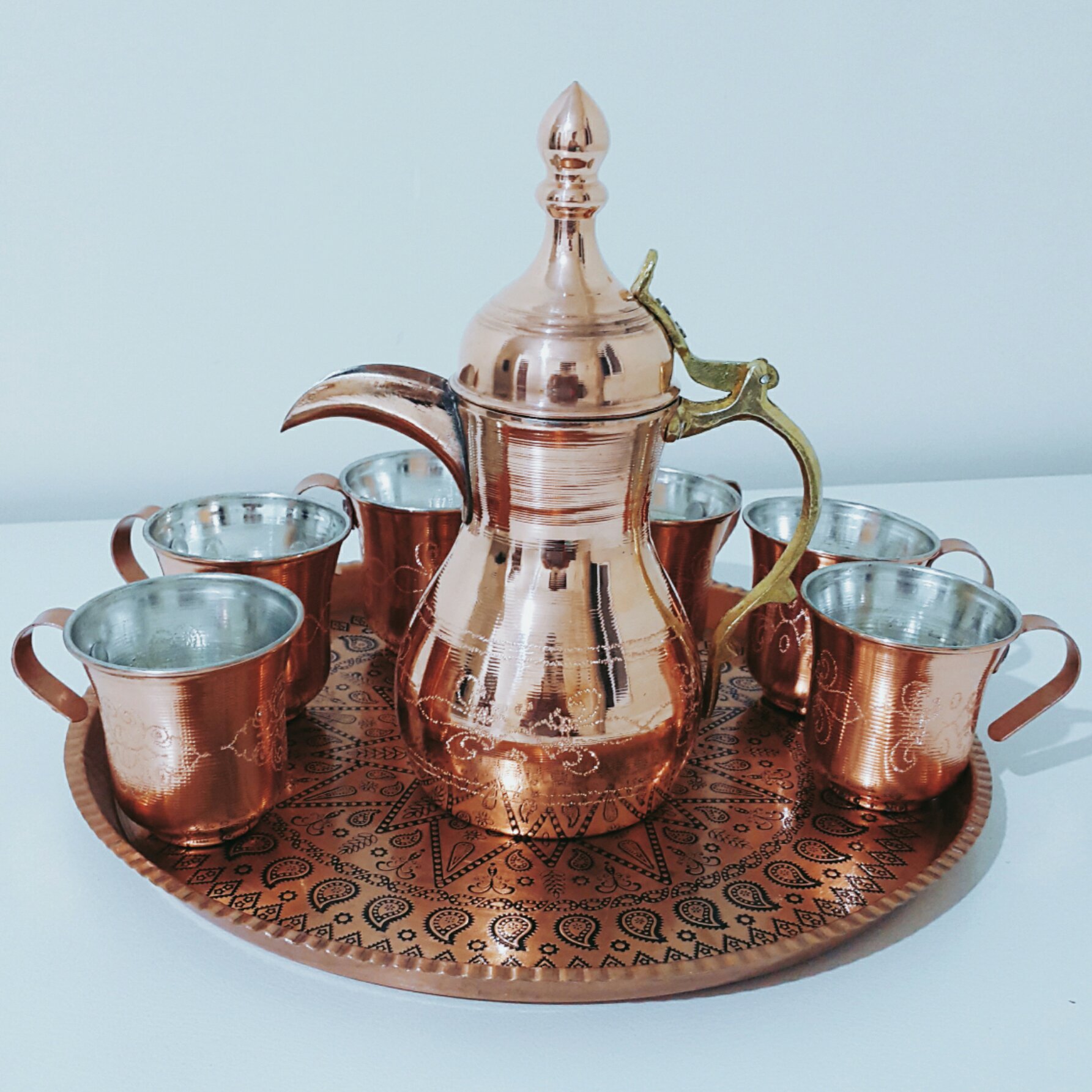 ست 7 پارچه قهوه جوش و  قهوه خوری مسی طرحدار و نانو شده 