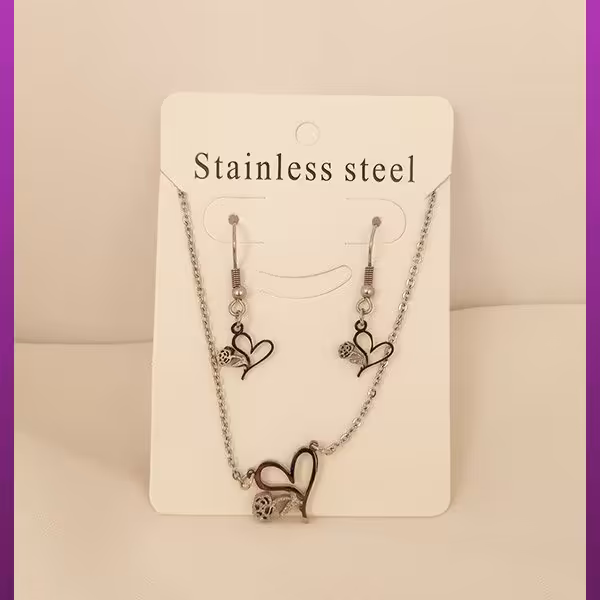 نیم ست قلب و گل نقره ای