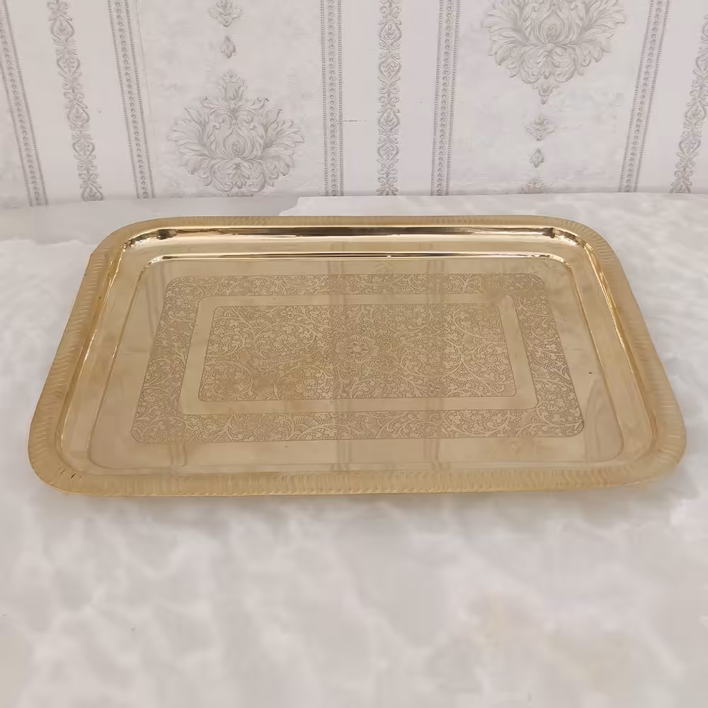 سینی برنزی هندی مدل ورقی مستطیل گل کد 3208 (سینی برنجی هندی)